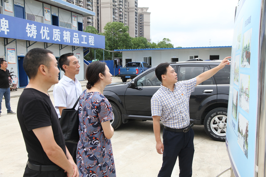 图片1：市直机关工委副书记杨玲审查展板，，，，，，，，听取项目推进情形_副本